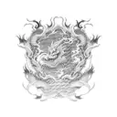 Dotwork dragon surrounded by samurai warriors tattoo design idea