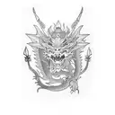 Dotwork dragon surrounded by samurai warriors tattoo design idea