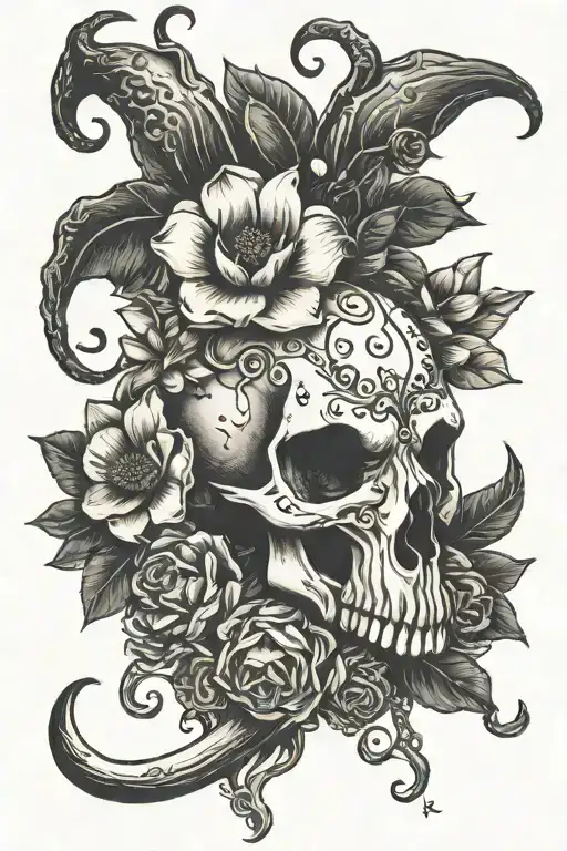 magnolia flower, long horn skull, horse shoe  tattoo design idea