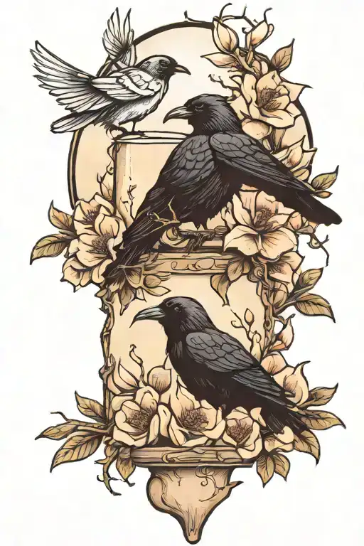 one raven and one candle surrounded by magnolias tattoo design idea
