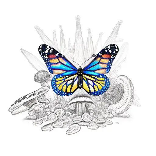 monarch butterfly with mushrooms  tattoo design idea