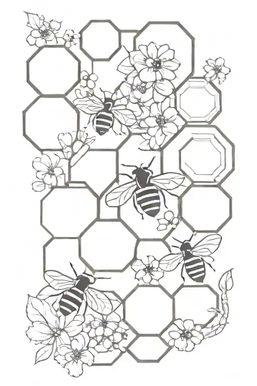 honeycomb, bees, flowers intertwined tattoo design idea