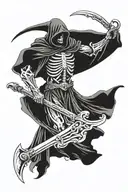 Description: A classic reaper, with a dark cape and hood, holding an imposing scythe. Additional Details: Cemetery tattoo design idea