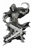 Description: A classic reaper, with a dark cape and hood, holding an imposing scythe. Additional Details: Cemetery tattoo design idea