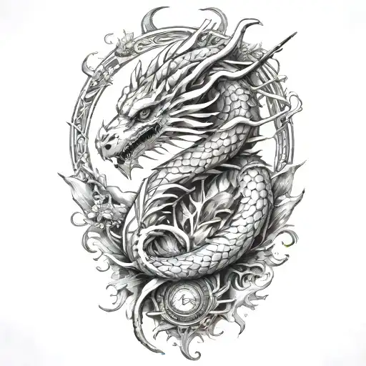 sun dragon arrows crossed tattoo design idea