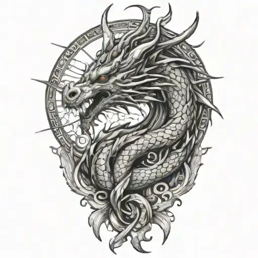 sun dragon arrows crossed tattoo design idea