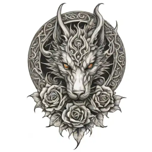 dragon and wolf blended by roses intertwined tattoo design idea