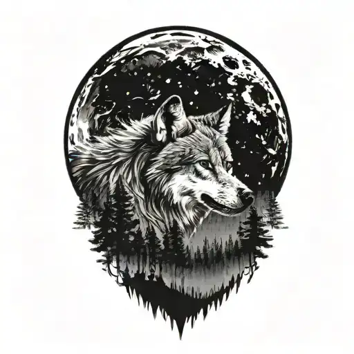 mountain forest wolf howling at the moon tattoo design idea