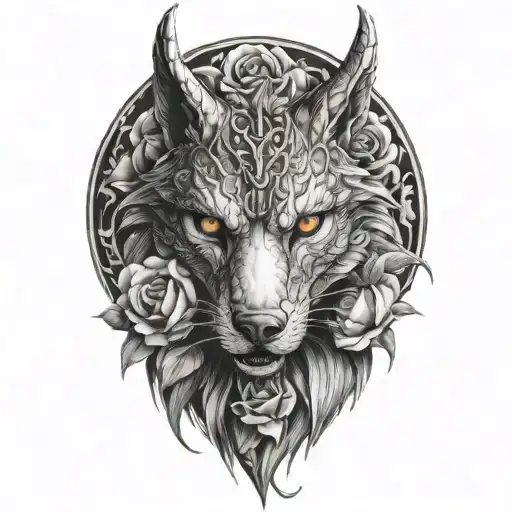 dragon wolf blended by roses tattoo design idea