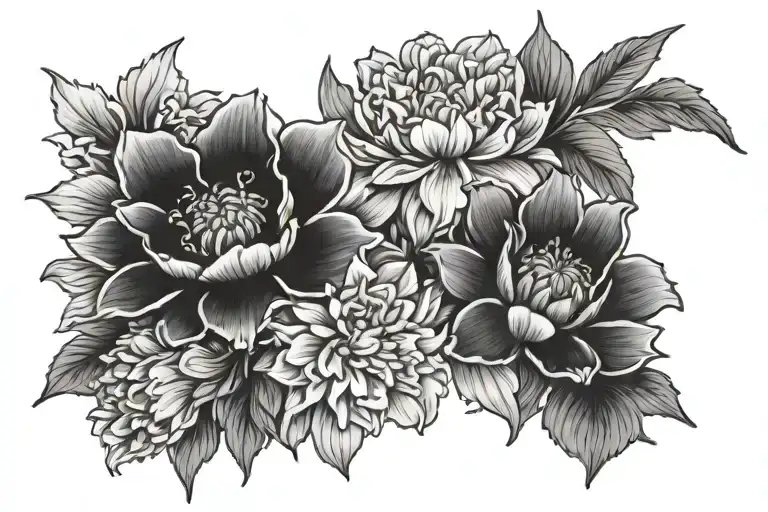 Carnation, Daffodil, Daisy, Lotus, Marigold tattoo design idea