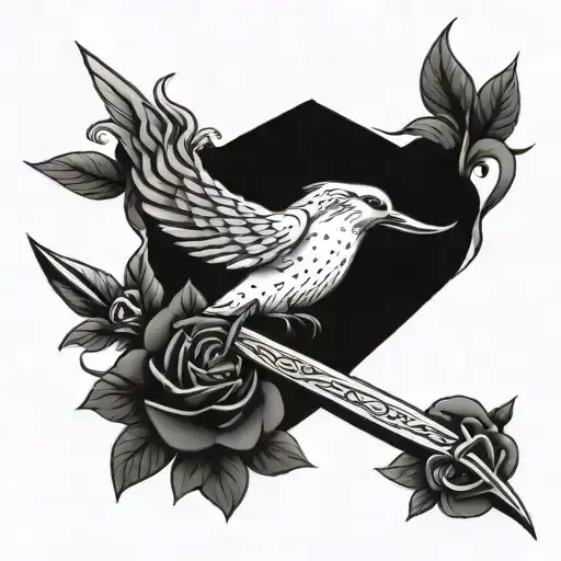A peaceful dove holding a dagger surrounded by roses tattoo design idea