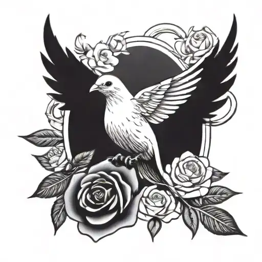 A peaceful dove holding a dagger surrounded by roses tattoo design idea