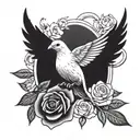 A peaceful dove holding a dagger surrounded by roses tattoo design idea