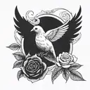 A peaceful dove holding a dagger surrounded by roses tattoo design idea