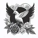 A peaceful dove holding a dagger surrounded by roses tattoo design idea