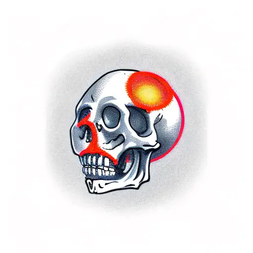 a skeleton hung on the gallows with a red sun in the background tattoo design idea