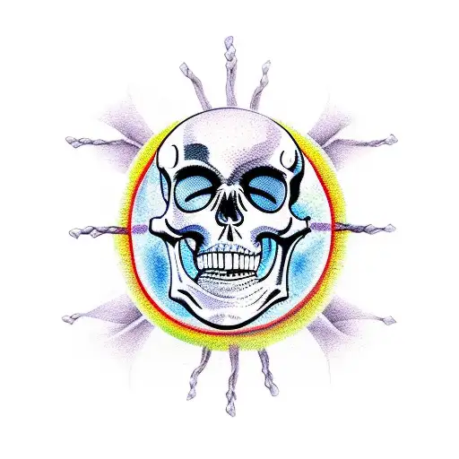 a skeleton hung on the gallows with a red sun in the background tattoo design idea