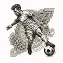 Create a tattoo design of a soccer player morphing into a Greek god mid-kick, with a background of ancient Greek architecture tattoo design idea