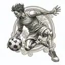 Create a tattoo design of a soccer player morphing into a Greek god mid-kick, with a background of ancient Greek architecture tattoo design idea