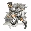 Create a tattoo design of a soccer player morphing into a Greek god mid-kick, with a background of ancient Greek architecture tattoo design idea
