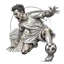 Create a tattoo design of a soccer player morphing into a Greek god mid-kick, with a background of ancient Greek architecture tattoo design idea