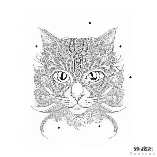 A coffee cup with intricate patterns made of plants and cats tattoo design idea