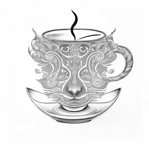 A coffee cup with intricate patterns made of plants and cats tattoo design idea