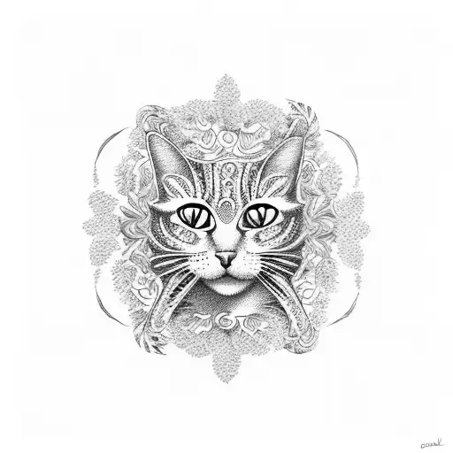 A coffee cup with intricate patterns made of plants and cats tattoo design idea