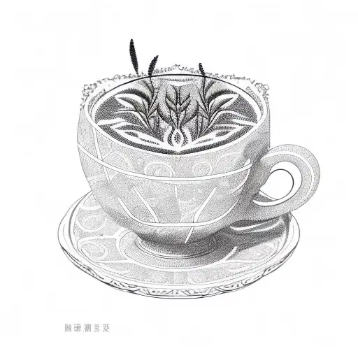 A coffee cup with intricate patterns made of plants and cats tattoo design idea