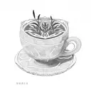 A coffee cup with intricate patterns made of plants and cats tattoo design idea