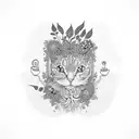 A coffee cup with intricate patterns made of plants and cats tattoo design idea