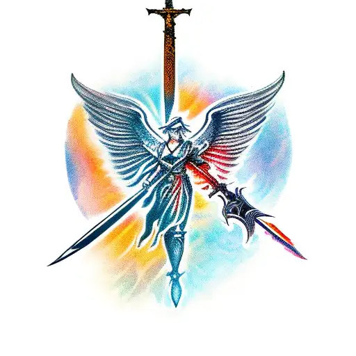 kneeling archangel with sword that looks like assasins creed tattoo design idea