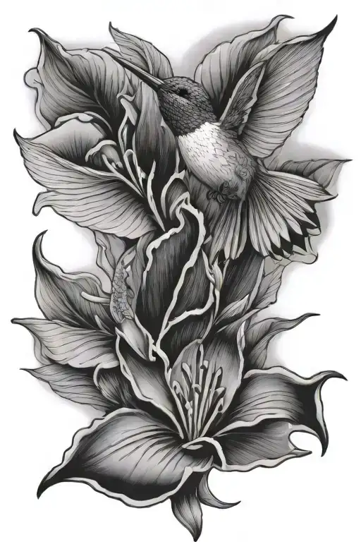 canna lillys flower, hummingbird hovering tattoo design idea