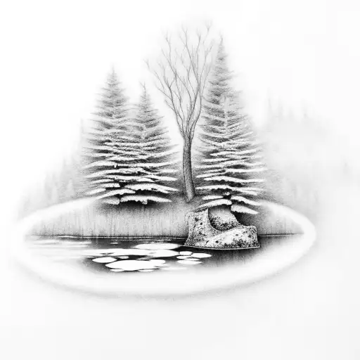 A black-grey tattoo of a serene forest scene with a hidden waterfall flowing into a peaceful pond tattoo design idea
