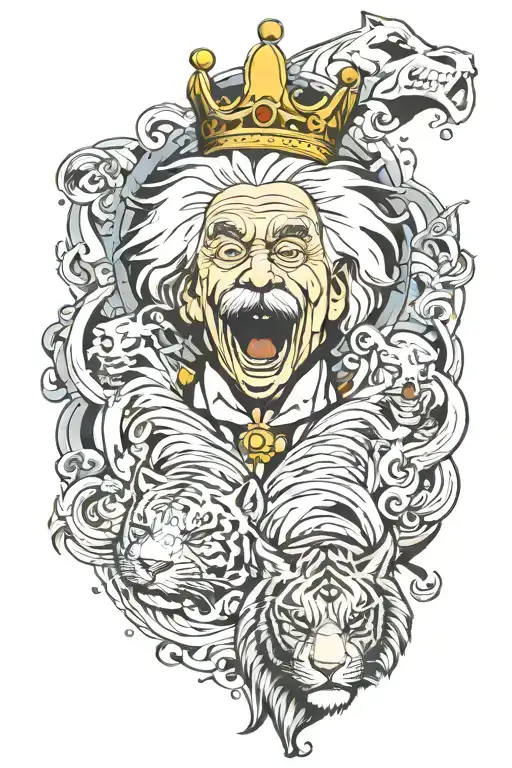 Create a tattoo picture with albert einstein, Greek God, joker and tiger with crown on top tattoo design idea