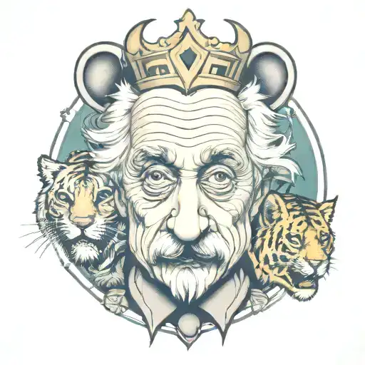 albert einstein, Greek God, joker and tiger with crown on top tattoo design idea