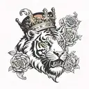 face with quarters of albert eisnstein, greek god, tiger and joker and crown on top tattoo design idea