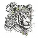 face with quarters of albert eisnstein, greek god, tiger and joker and crown on top tattoo design idea