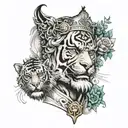 face with quarters of albert eisnstein, greek god, tiger and joker and crown on top tattoo design idea