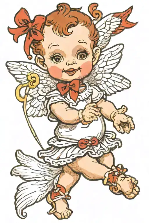 kewpie baby cupid with white wings and brown hair holding a bow tattoo design idea