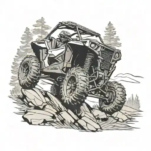 Design a tattoo of a new-school style Polaris RZR jumping over a deer in a hunting setting tattoo design idea