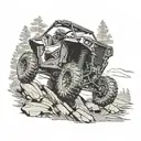 Design a tattoo of a new-school style Polaris RZR jumping over a deer in a hunting setting tattoo design idea