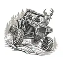 Design a tattoo of a new-school style Polaris RZR jumping over a deer in a hunting setting tattoo design idea