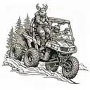 Design a tattoo of a new-school style Polaris RZR jumping over a deer in a hunting setting tattoo design idea