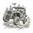 Design a tattoo of a new-school style Polaris RZR jumping over a deer in a hunting setting tattoo design idea