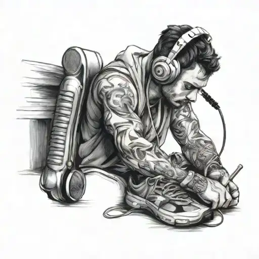 A detailed sketch style tattoo of a student studying with headphones on, surrounded by exercise equipment tattoo design idea