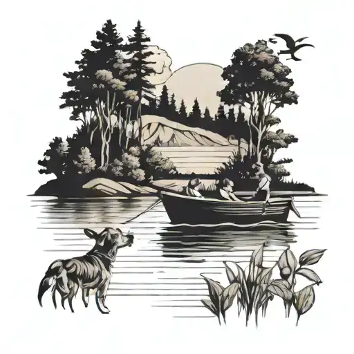 A serene lake scene with a motor boat and a dog swimming around tattoo design idea