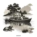 A serene lake scene with a motor boat and a dog swimming around tattoo design idea