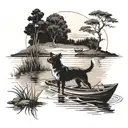 A serene lake scene with a motor boat and a dog swimming around tattoo design idea