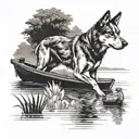 A serene lake scene with a motor boat and a dog swimming around tattoo design idea